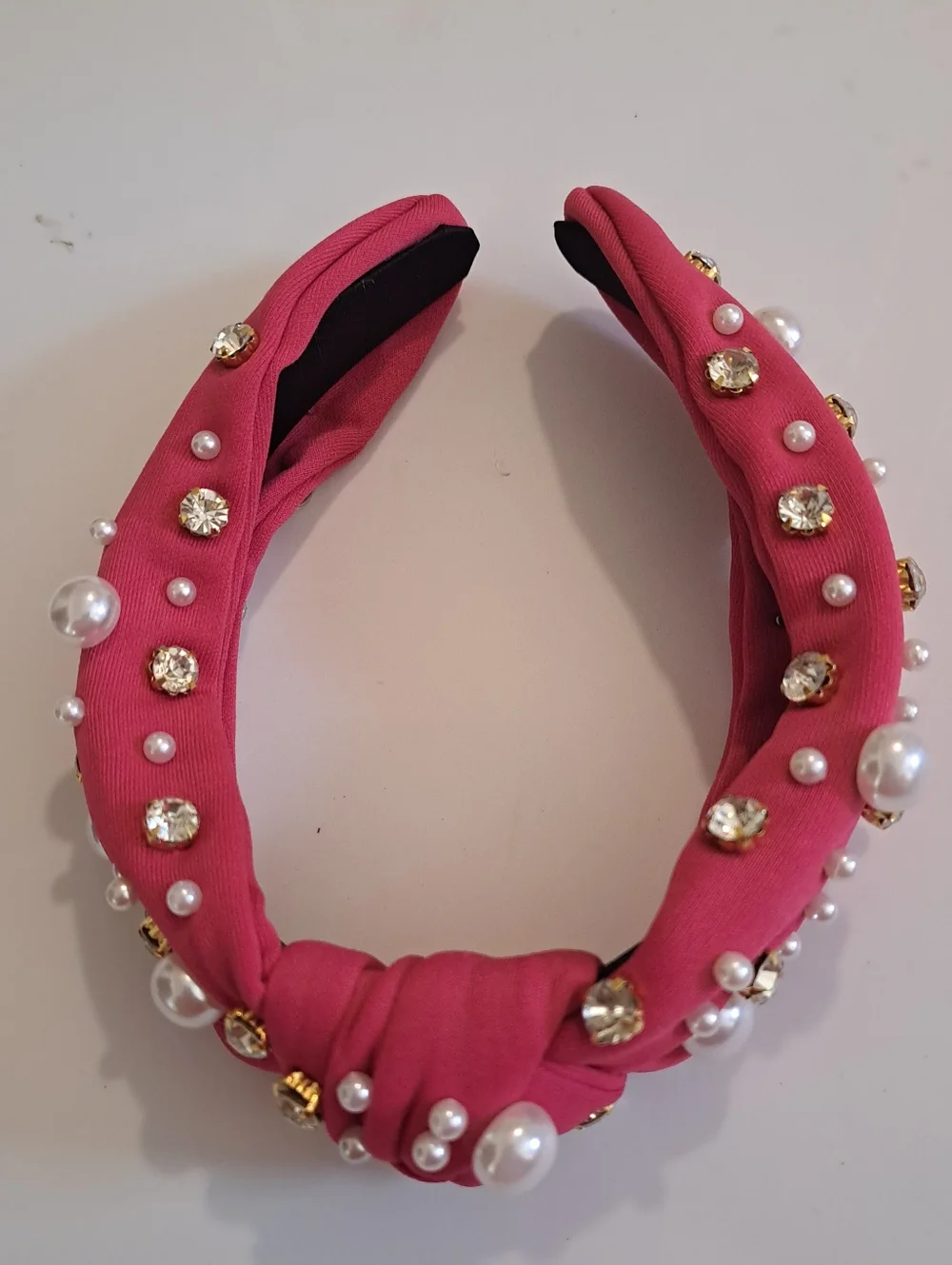 Rose Pink Faux Pearl & Rhinestone Knotted Headband - Wide, Solid Color